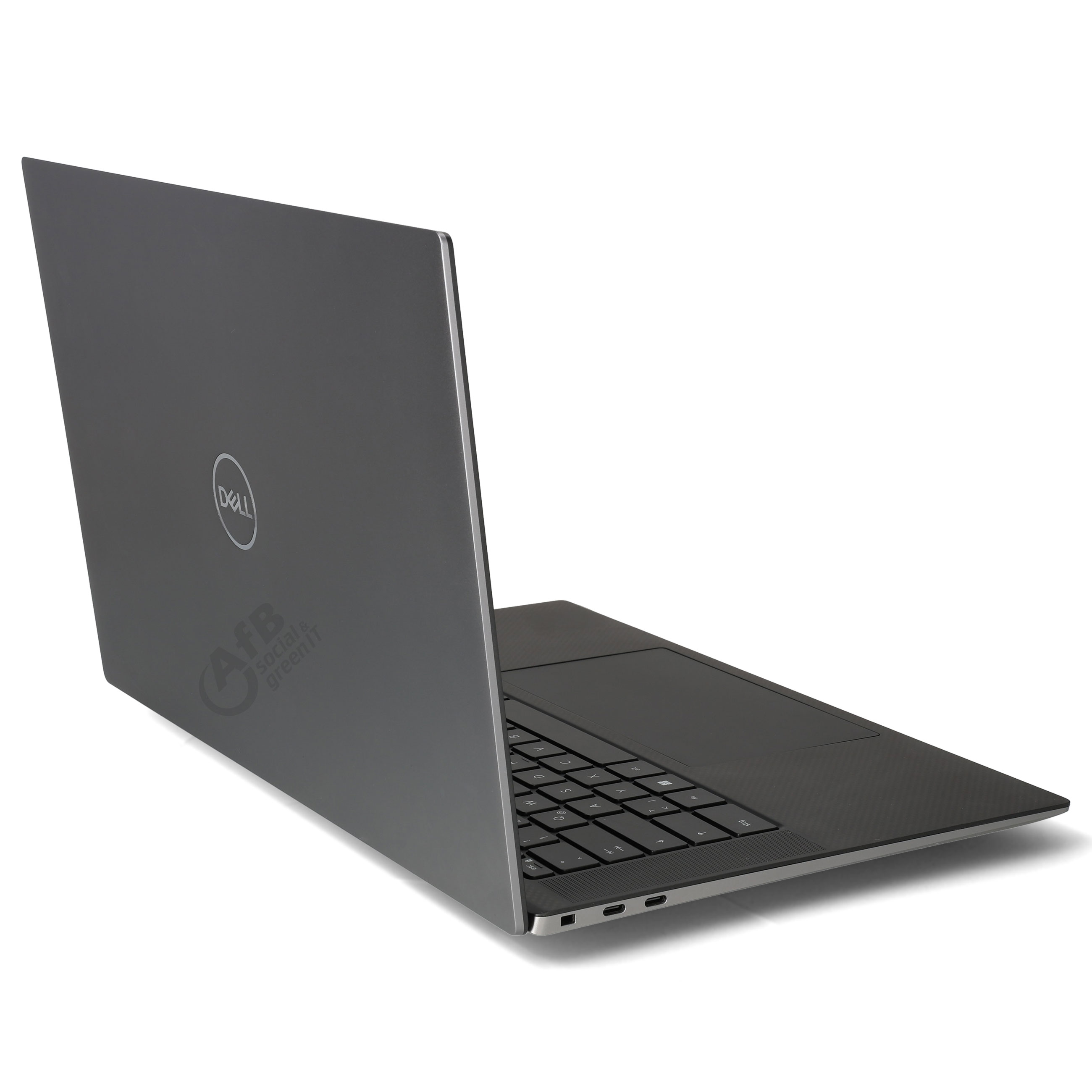 Ein grauer Dell-Laptop auf weißer Oberfläche mit sichtbarer Tastatur und Logo auf dem Deckel.