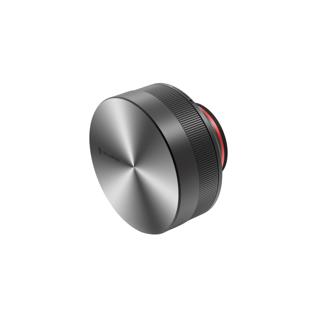Ein zylindrisches, dunkles metallisches Valerion-Kameraobjektiv mit gebürsteter Silberkappe und rotem Ring.