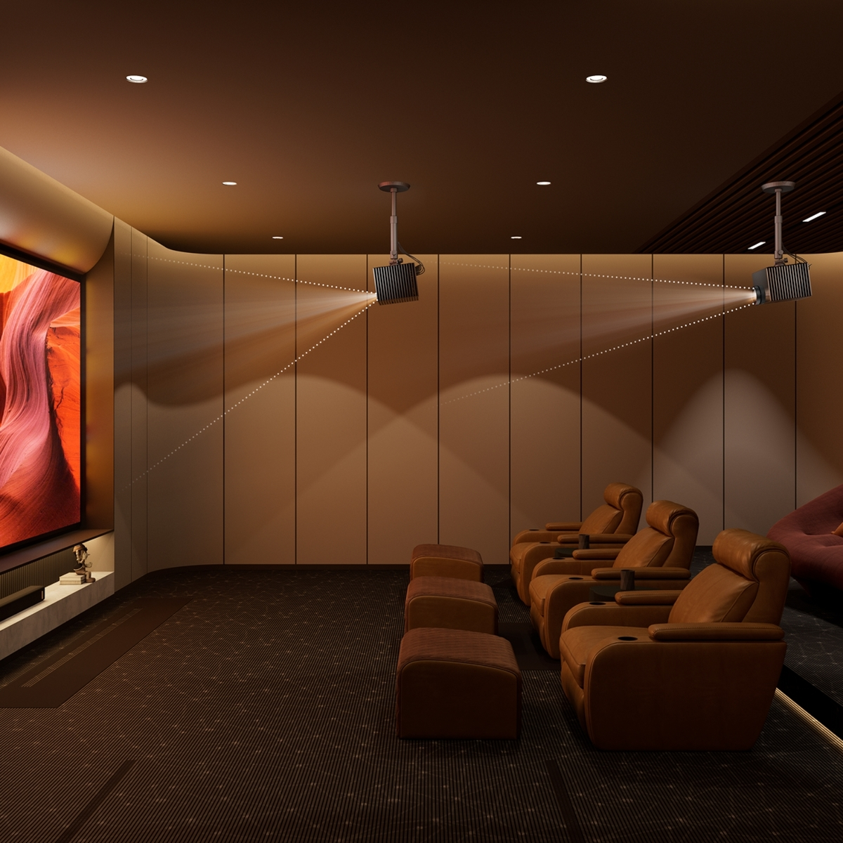 Moderne Heimkino-Lounge mit zwei Deckenprojektoren, braunen Ledersesseln und einer großen Leinwand an der Wand.