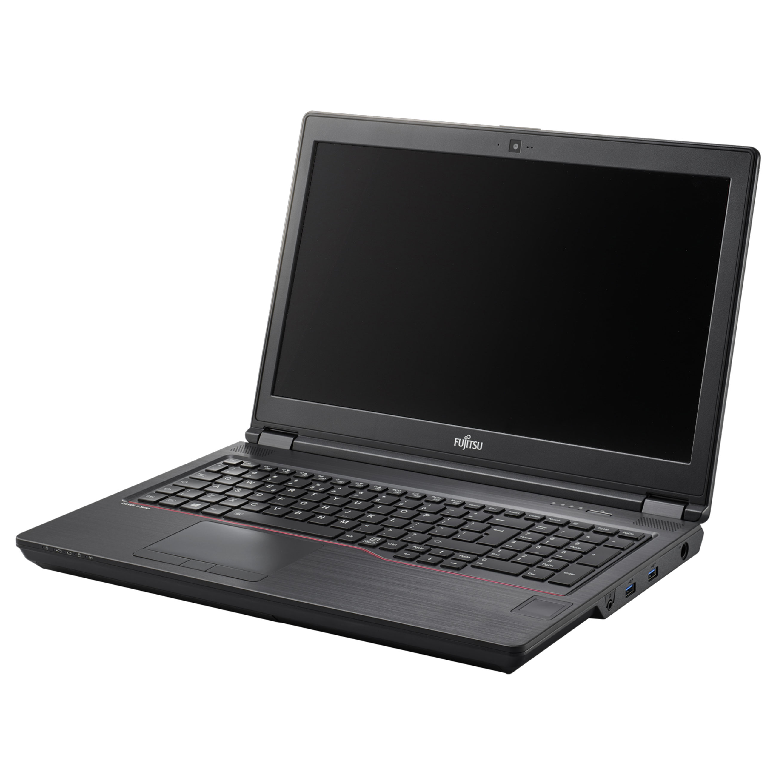 Ein offener schwarzer Fujitsu-Laptop steht auf einer weißen Oberfläche mit schwarzem Bildschirm.