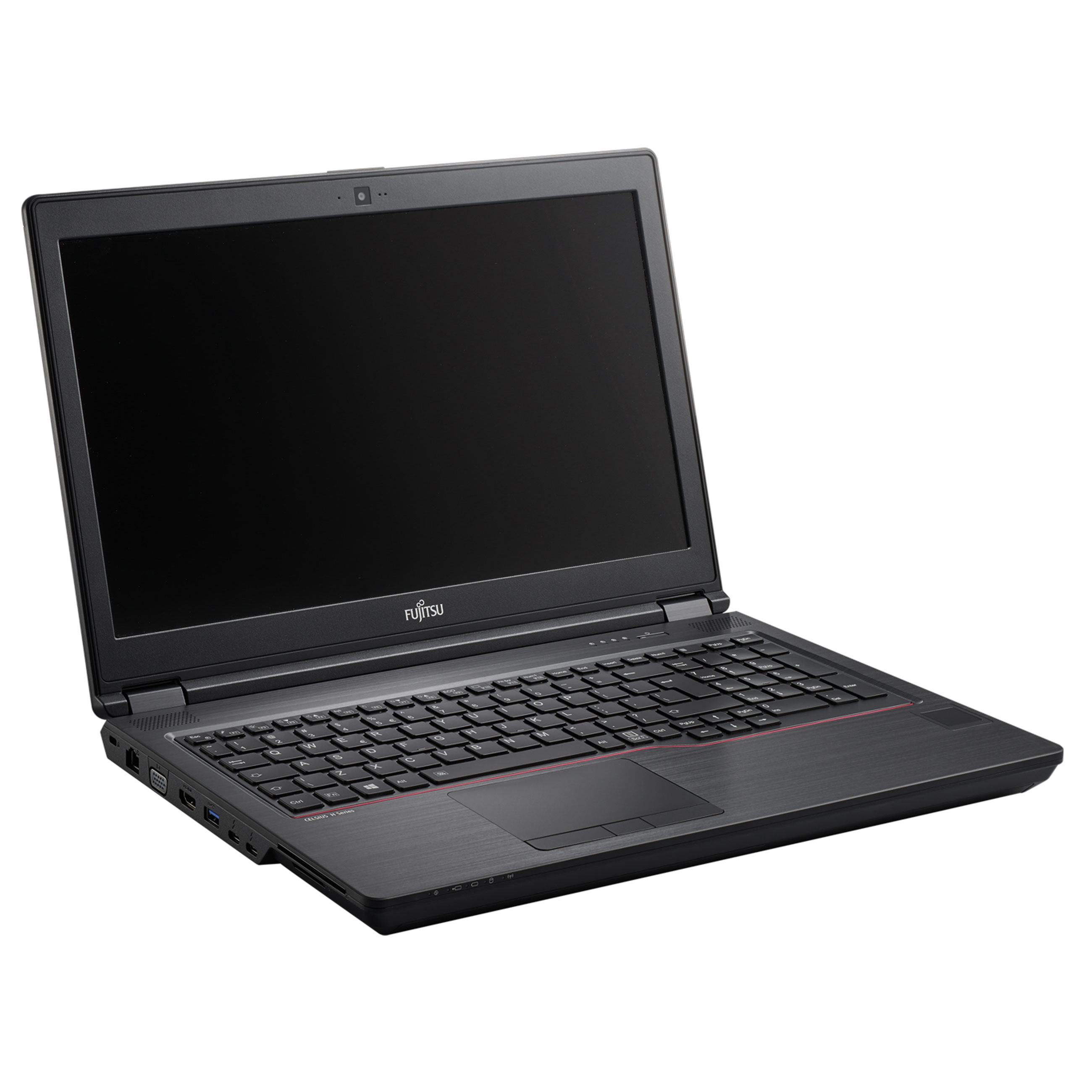 Ein offener, schwarzer Fujitsu Laptop auf weißem Hintergrund.
