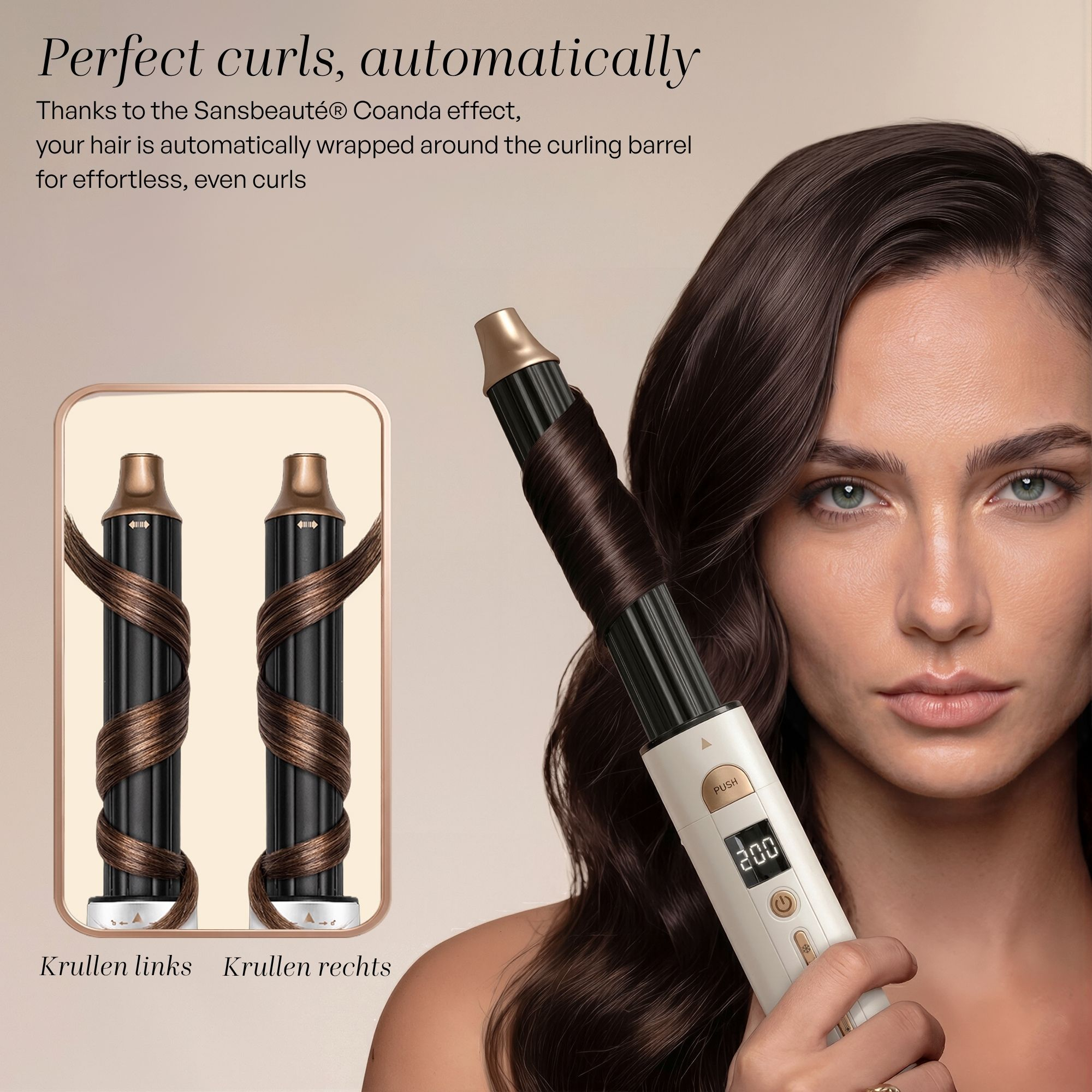 Eine Frau hält einen weißen Lockenstab, während Haare sich automatisch darum wickeln. Text im Bild.