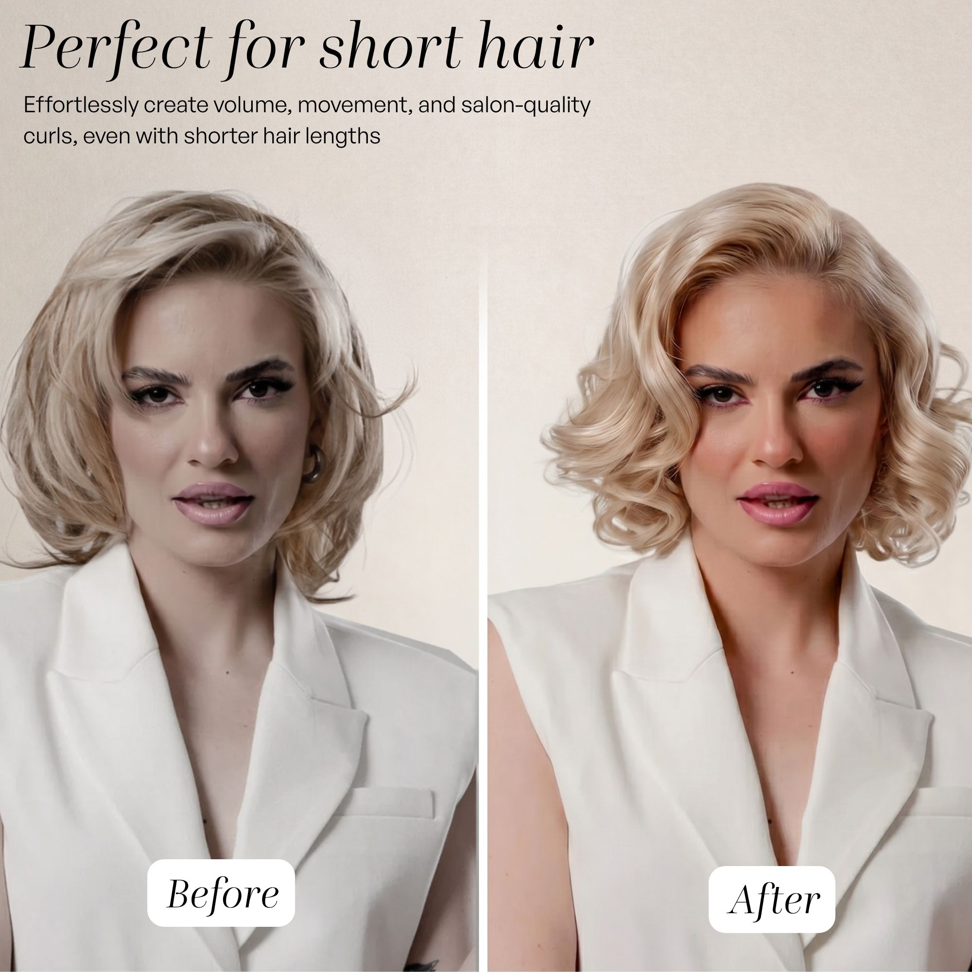 Vergleichsbilder vor und nach dem Frisieren von blondem Haar mit weißer Weste.