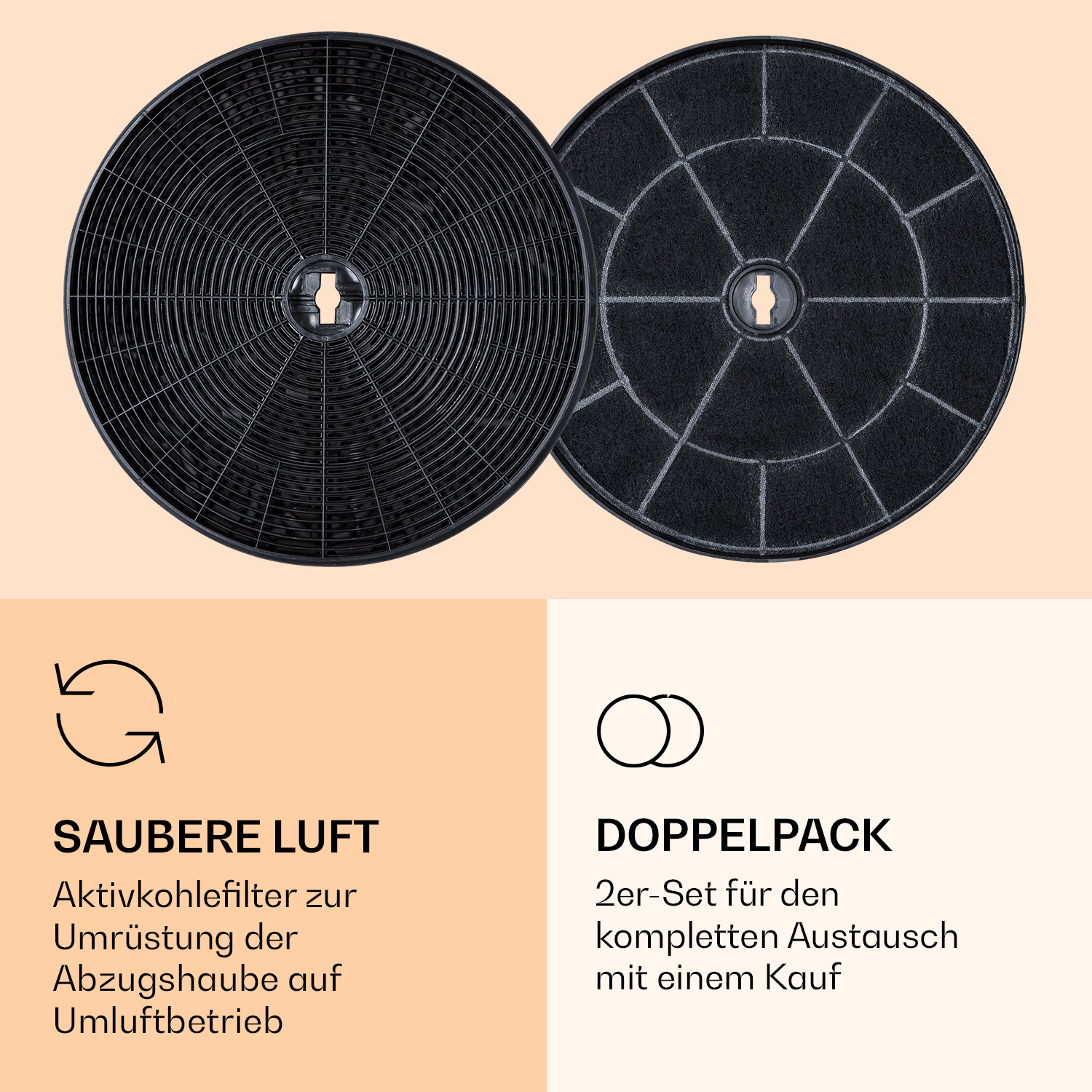 Zwei runde Aktivkohlefilter für Dunstabzugshauben mit Texten zu sauberer Luft im Doppelpack.