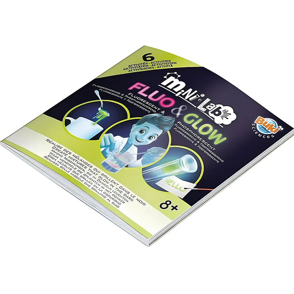 Eine Buki Mini Lab Fluo and Glow Wissenschaftsbox mit leuchtenden chemischen Experimenten für Kinder.