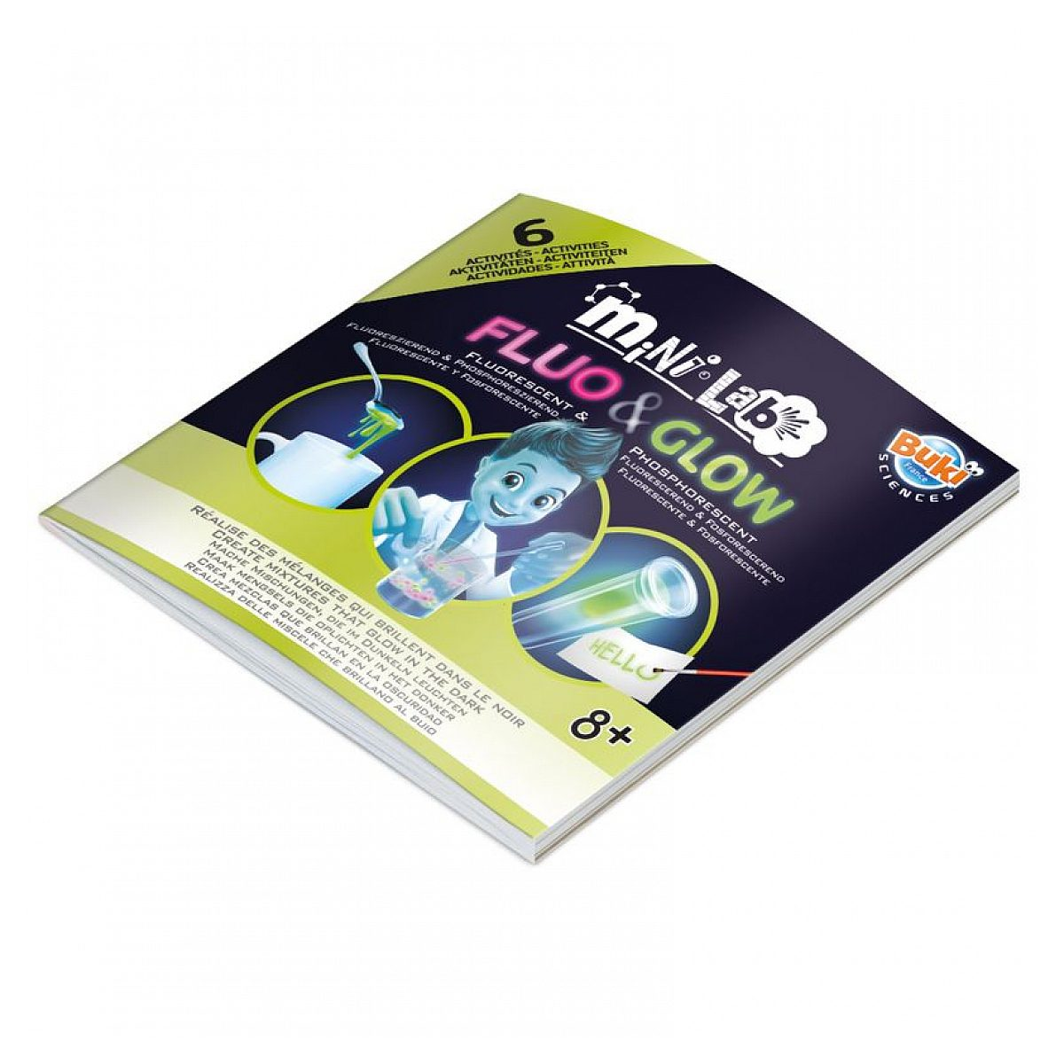 Buki Mini Lab Fluo & Glow Wissenschaftsset für Kinder ab 8 Jahren, mit fluorescenten und phosphoreszierenden Experimenten.
