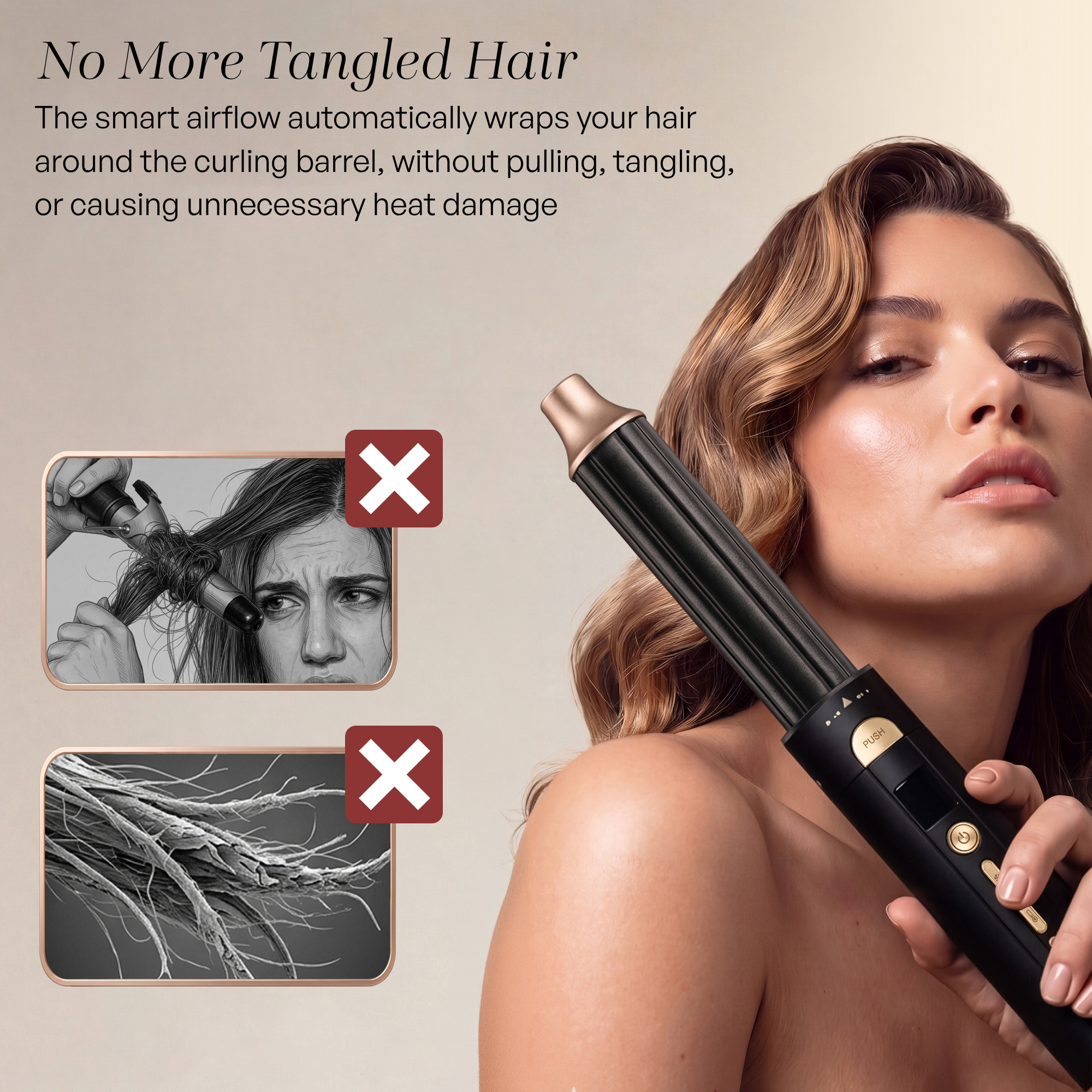 Eine Frau hält einen Lockenstab. Eingeblendet sind zwei Bilder mit roten Kreuzen, die verheddertes Haar zeigen.