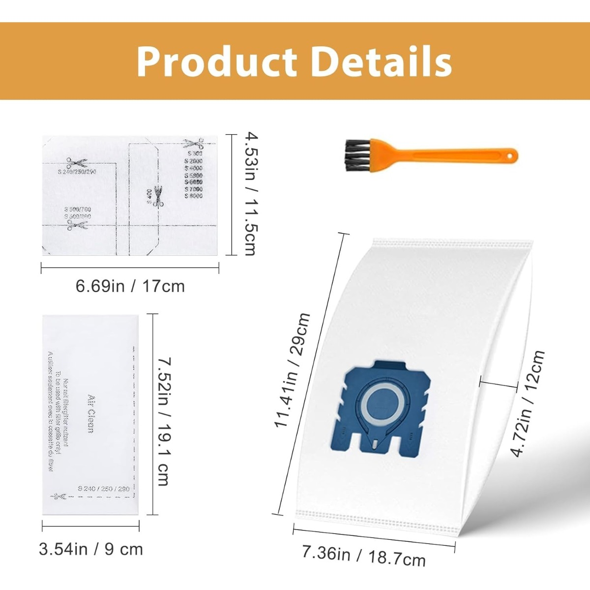 Produktdetails zeigen Staubsaugerbeutel, Filter, Maße und eine Reinigungsbürste.