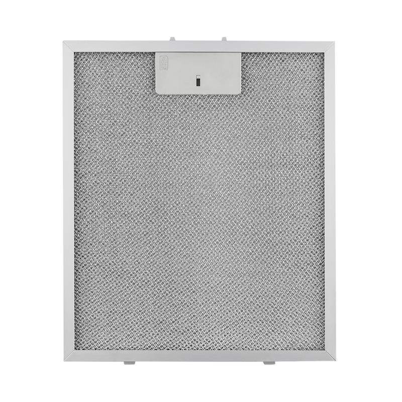 Ein rechteckiger Metall-Fettfilter für eine Dunstabzugshaube.