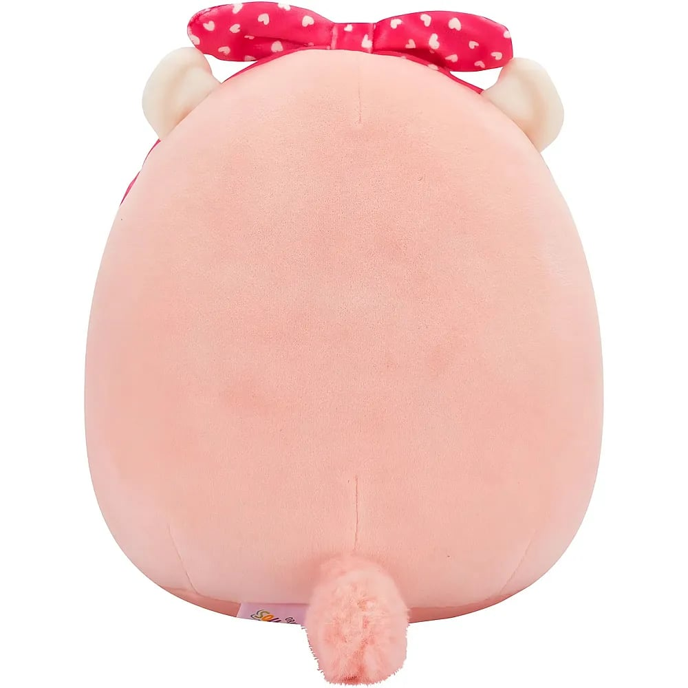 Rückansicht eines runden rosa Plüschtiers mit kleinen Ohren, flauschigem Schwanz und roter Schleife.
