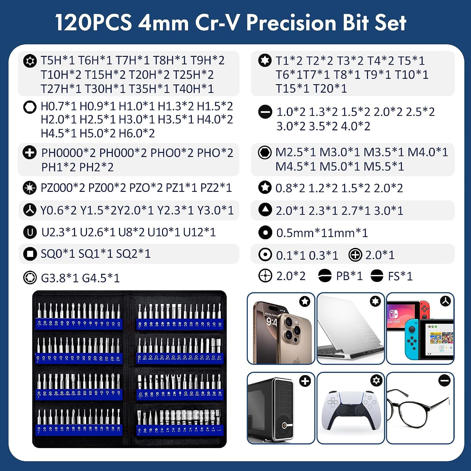 Juego de puntas de precisión Cr-V de 120 piezas con varios insertos de destornillador y herramientas para reparación.