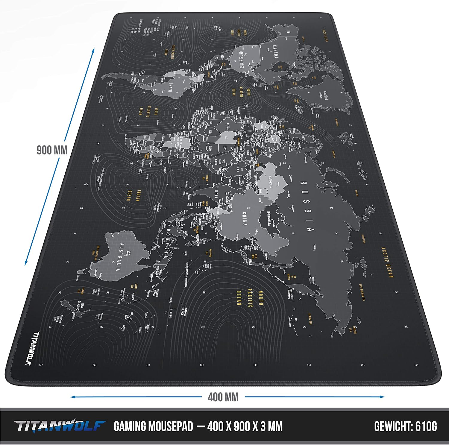 Schwarzes Titanwolf Gaming-Mauspad im Großformat mit grauer Weltkarte, Ländernamen und Maßen 900x400 mm.