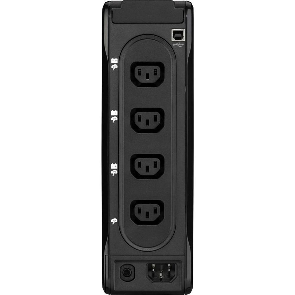 Schwarze USV mit vier Steckdosen und USB-Anschluss auf der Rückseite.