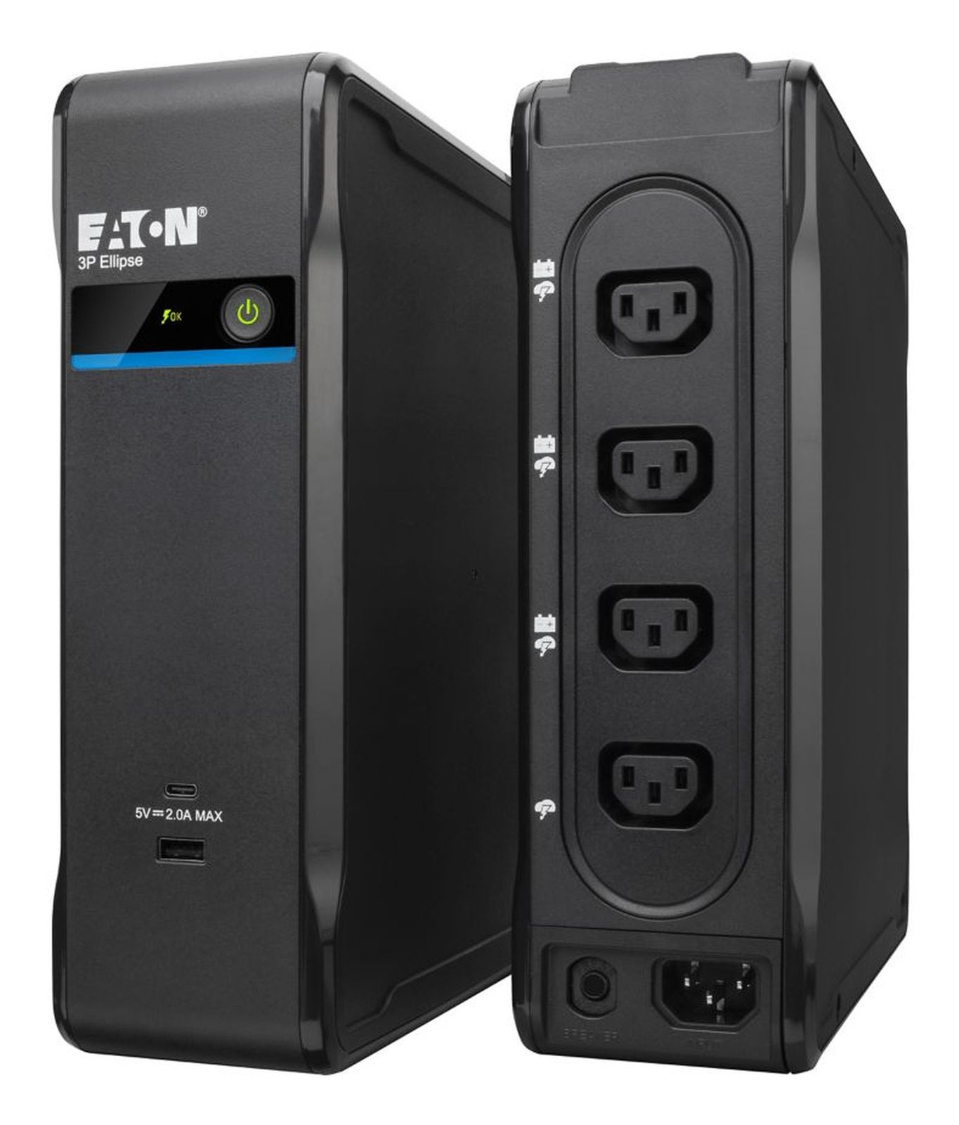 Zwei schwarze Eaton 3P Ellipse USV-Geräte, eines zeigt die Front mit Power-Taste und USB-Anschlüssen, das andere die Rückseite mit Steckdosen.