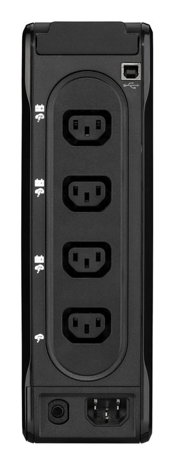 Schwarzes USV-Gerät mit vier Steckdosen und USB-Anschluss auf der Rückseite.