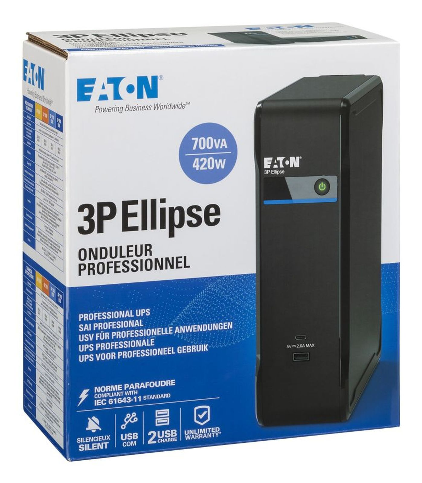 Eaton 3P Ellipse USV-Gerät in weißer Verpackung mit blauen und schwarzen Akzenten.