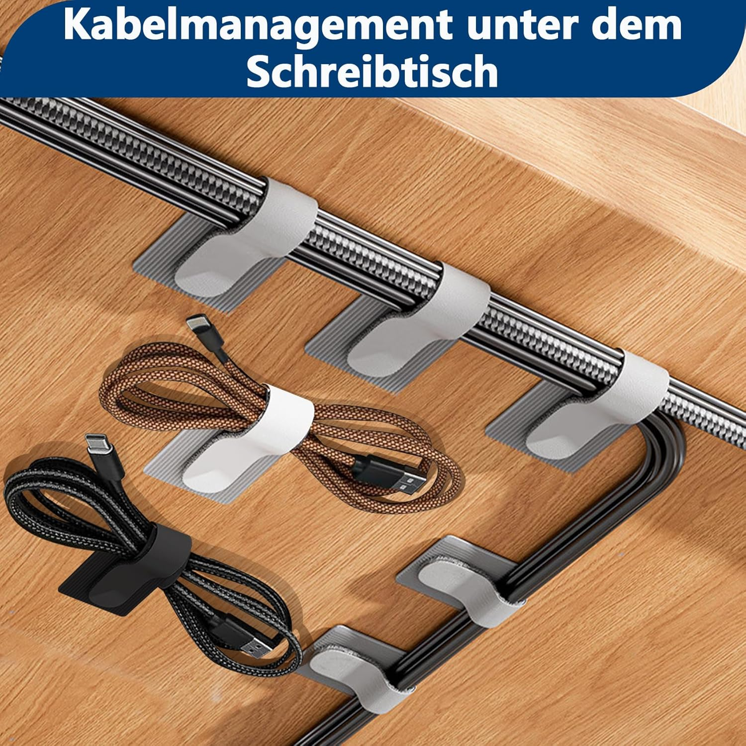Kabelmanagement unter dem Schreibtisch mit Clips und Klettbändern für geordnete Kabel.