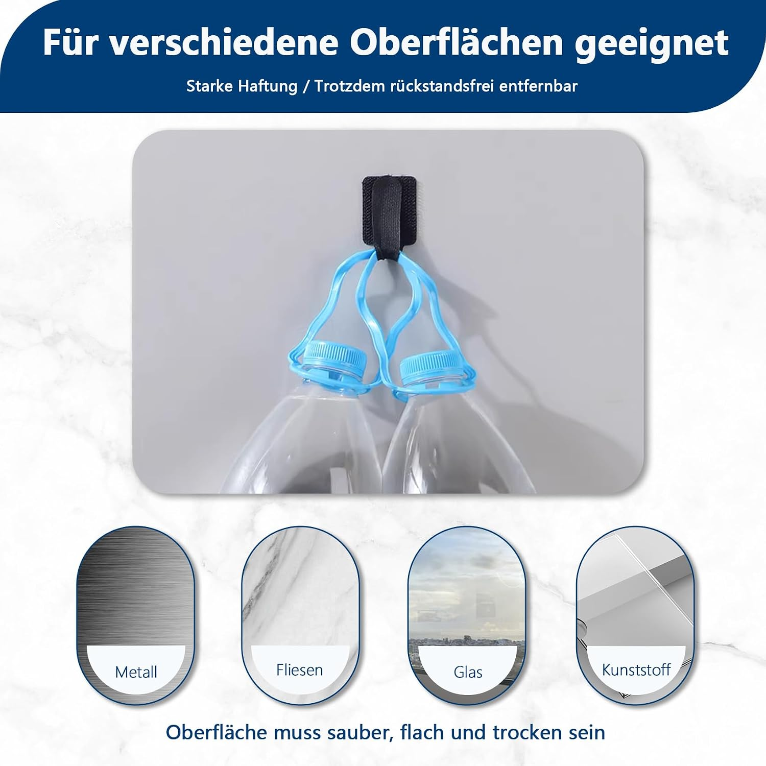 Ein schwarzer Haken an einer Wand hält zwei Wasserflaschen, mit Symbolen für Metall, Fliesen, Glas und Kunststoff.
