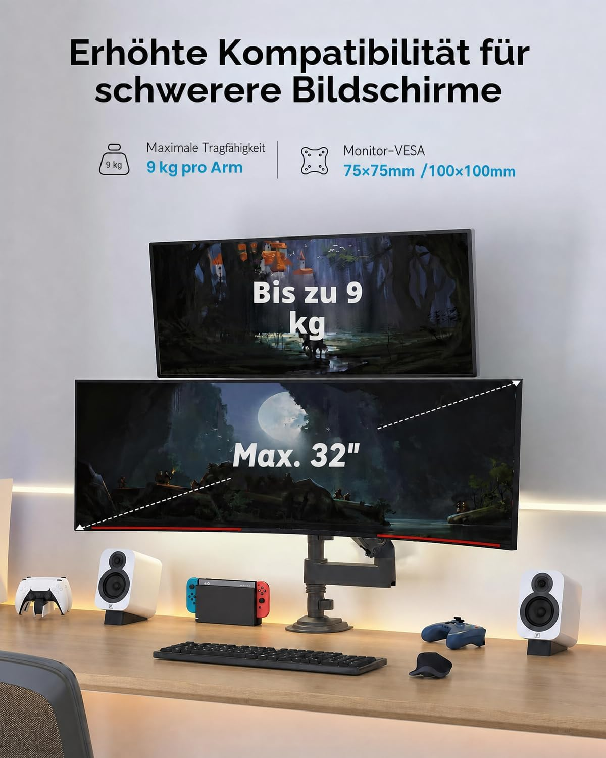 Soporte para dos monitores de hasta 32 pulgadas y 9 kg por brazo, con compatibilidad VESA.