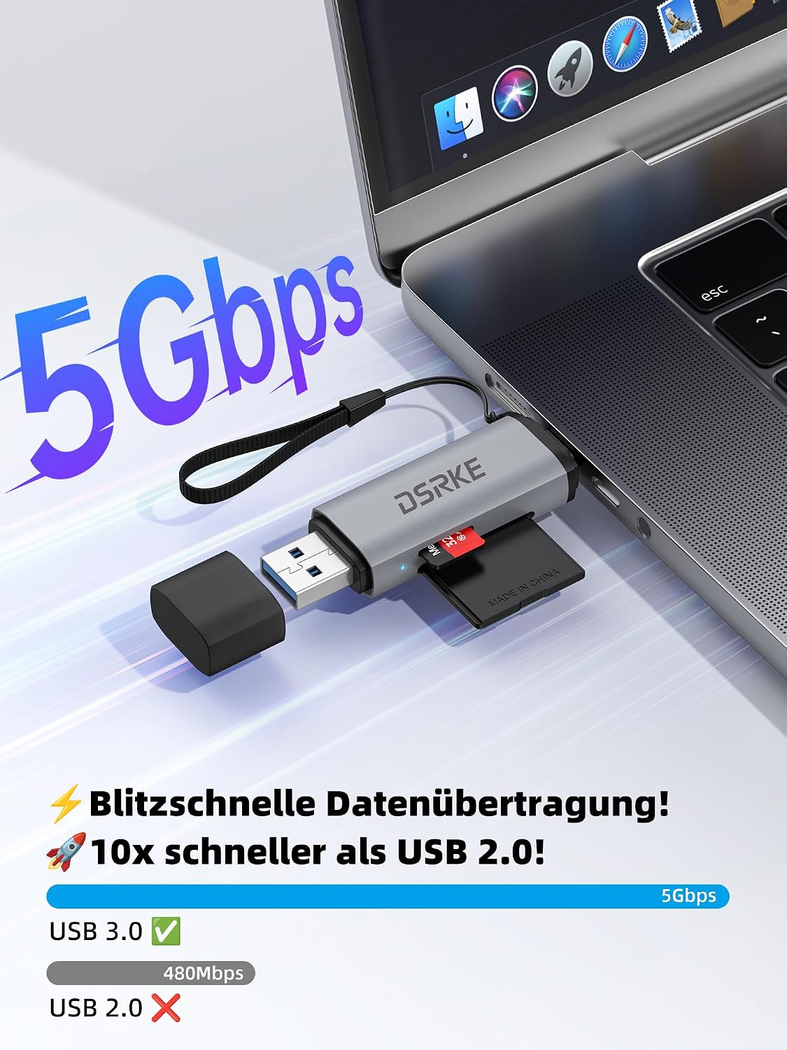 Lector de tarjetas USB 3.0 DSRKE gris conectado a la portátil, mostrando 5 Gbps.