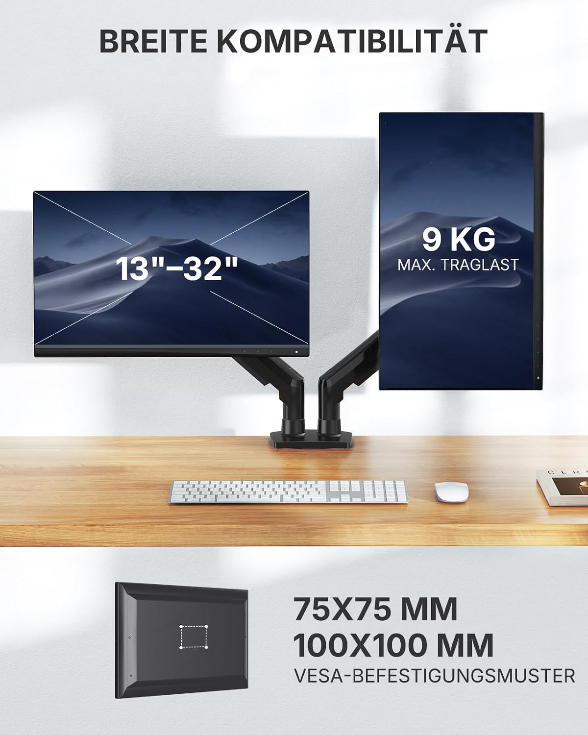 Brazo para dos monitores en escritorio para pantallas de 13 a 32 pulgadas y hasta 9 kg.