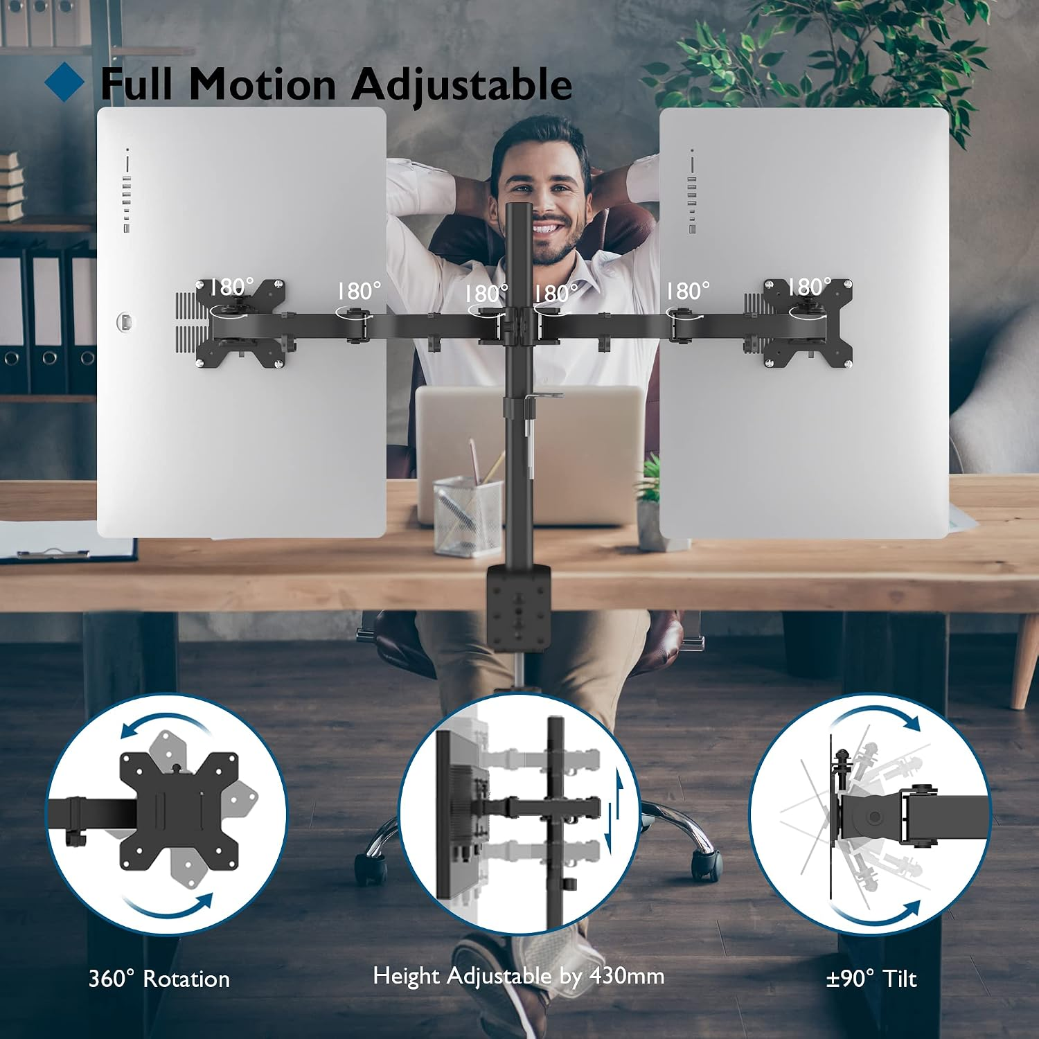 Soporte doble para monitor totalmente ajustable en un escritorio de madera.