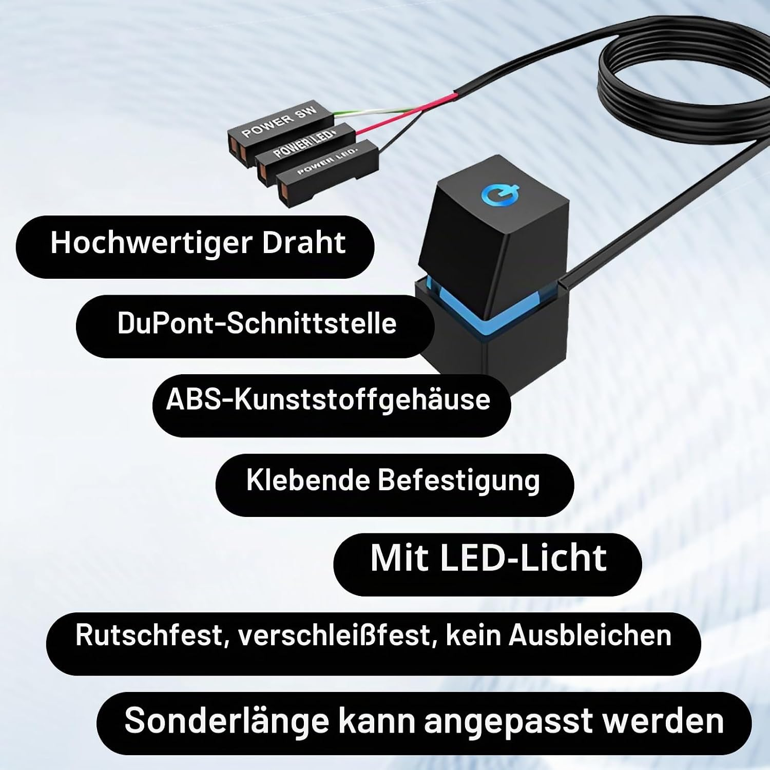 Un botón de encendido negro con iluminación LED, cable y conectores Dupont, rodeado de etiquetas de características en alemán.