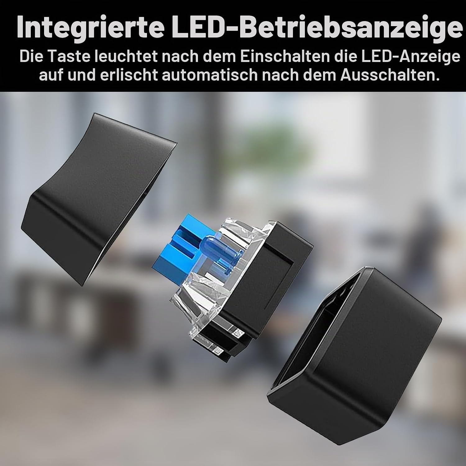 Vista despiezada de un interruptor negro con indicador LED azul sobre fondo difuminado.