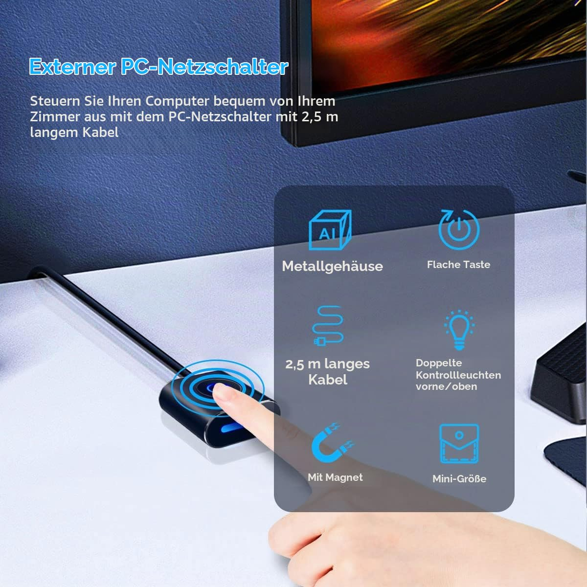Mano presionando un botón de encendido externo redondo para PC en un escritorio con iconos.
