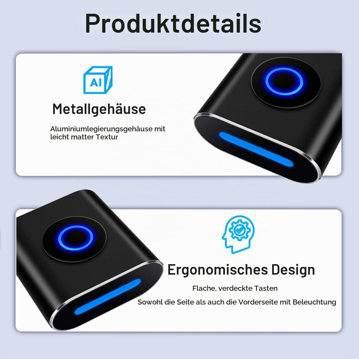 Detalles del producto de un dispositivo negro con carcasa metálica, anillo azul brillante y diseño ergonómico.