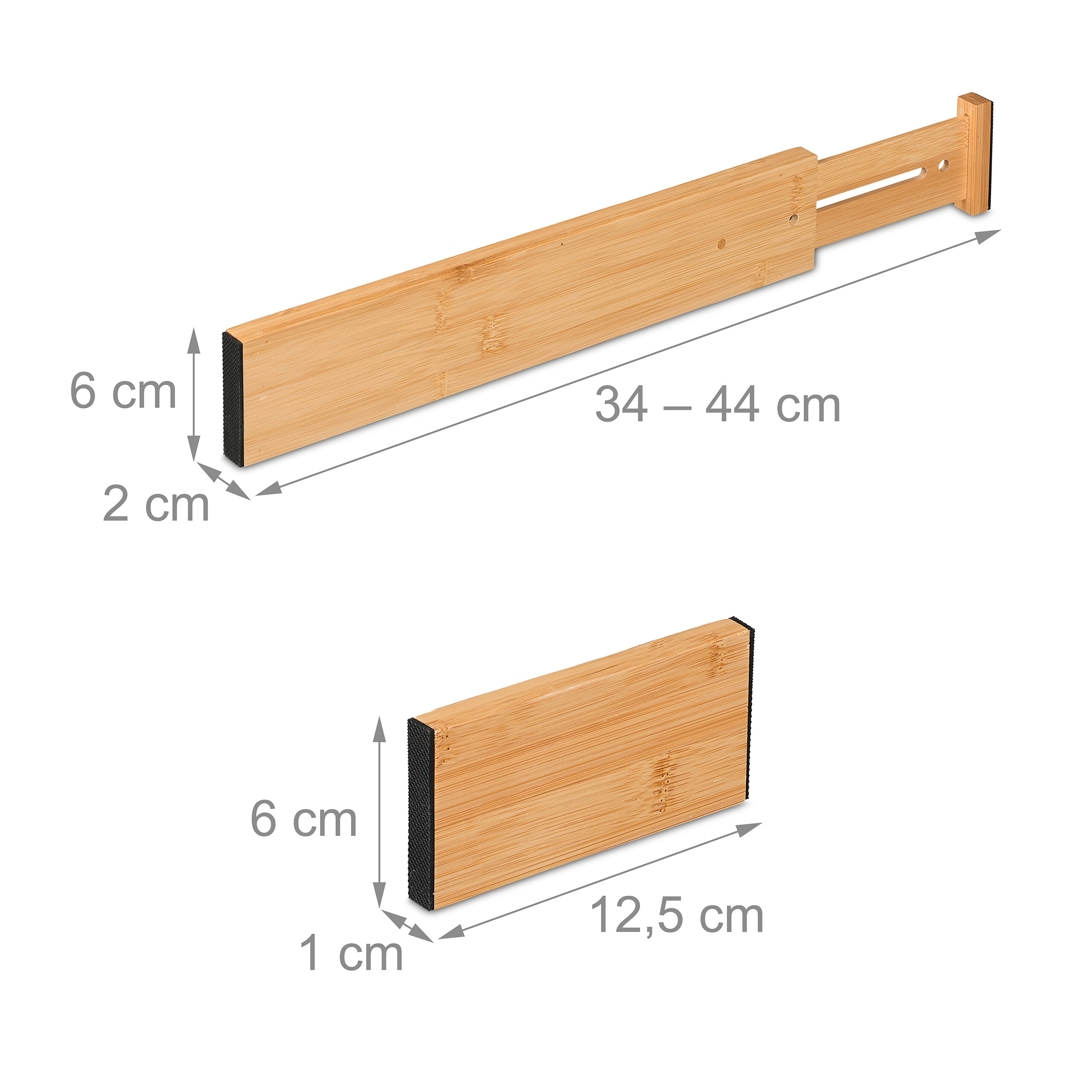 Verstellbare Bambus-Schubladentrenner mit Maßen von 6x2 cm und 34-44 cm Länge sowie 6x1 cm und 12,5 cm Länge.