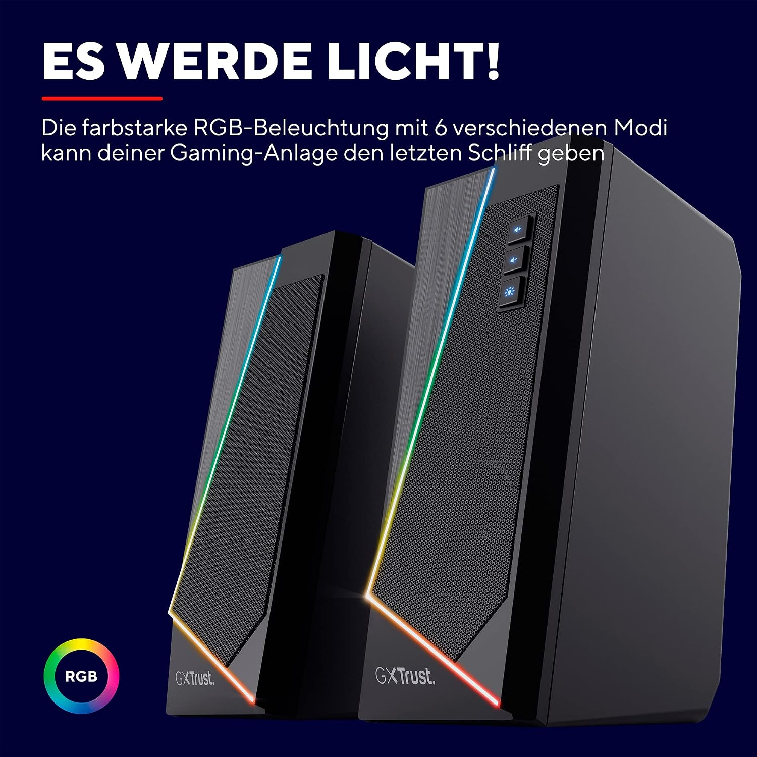 Dos altavoces negros GXTrust con iluminación RGB colorida sobre fondo azul oscuro.