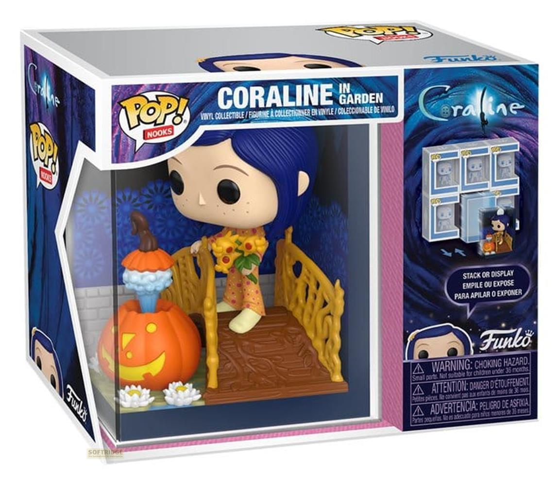 Eine Funko Pop Box zeigt Coraline im Garten mit Blumen und einem Kürbis auf einer Brücke.