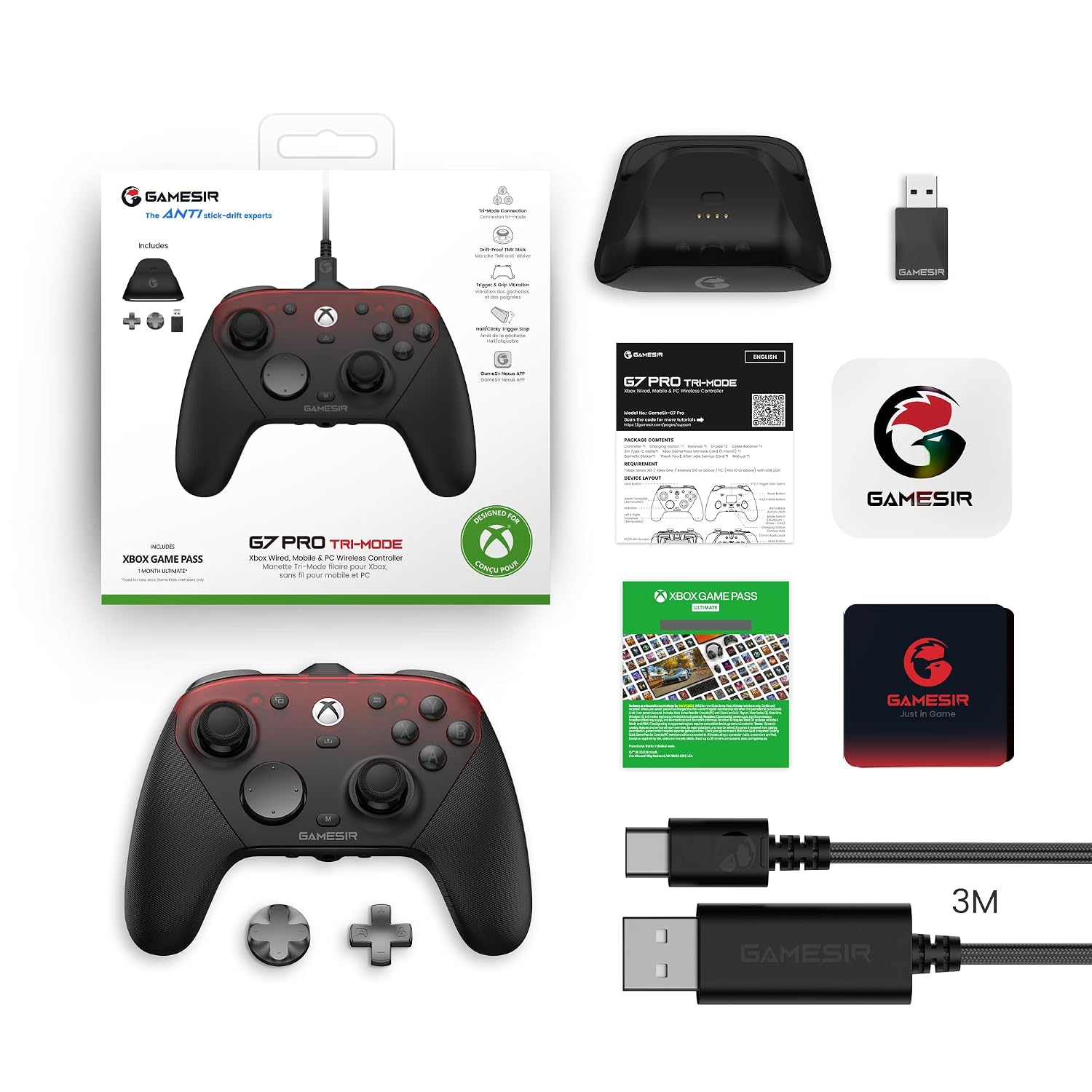 Gamesir G7 Pro Controller, Ladestation, USB-Dongle, Kabel und Handbuch auf weißem Hintergrund.