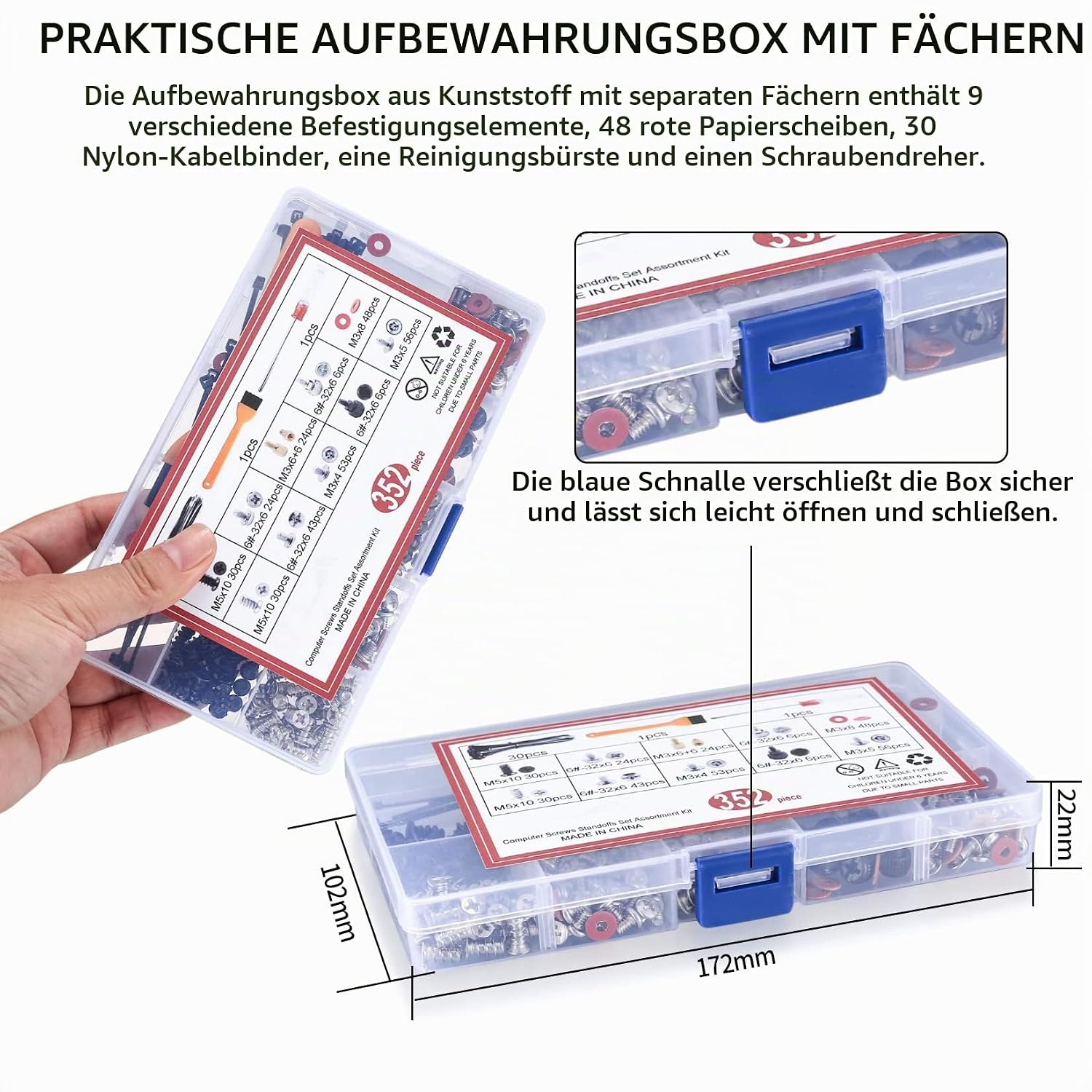 Caja de almacenamiento transparente con cierres azules, llena de tornillos y piezas pequeñas, de 172x102x22 mm.