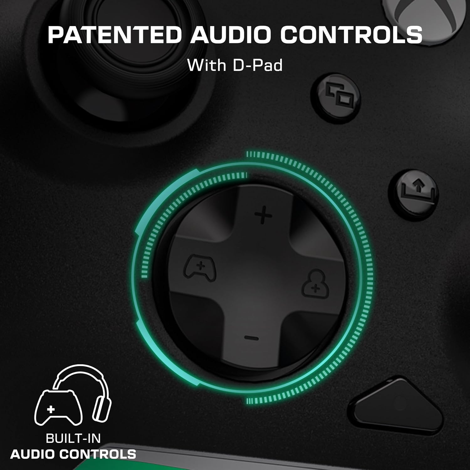 Nahaufnahme eines schwarzen Controllers mit patentierter Audiosteuerung um das D-Pad.