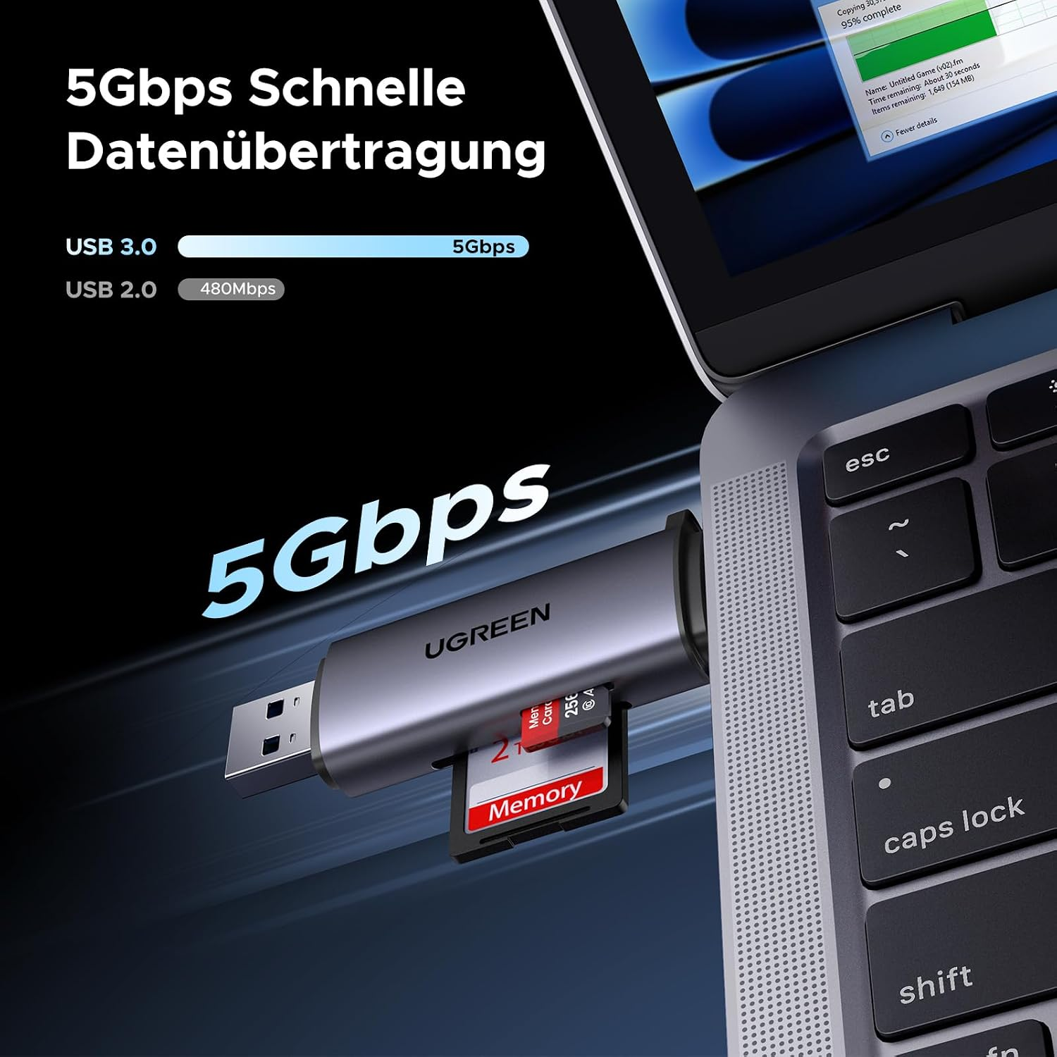 Un lector de tarjetas USB UGREEN conectado a una computadora portátil con velocidad de 5 Gbps.