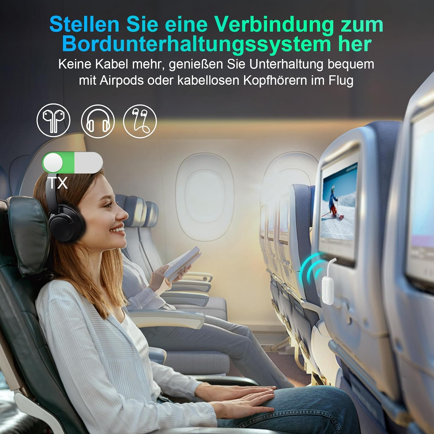 Una mujer sonriente en un avión usa auriculares inalámbricos conectándose al sistema de entretenimiento.