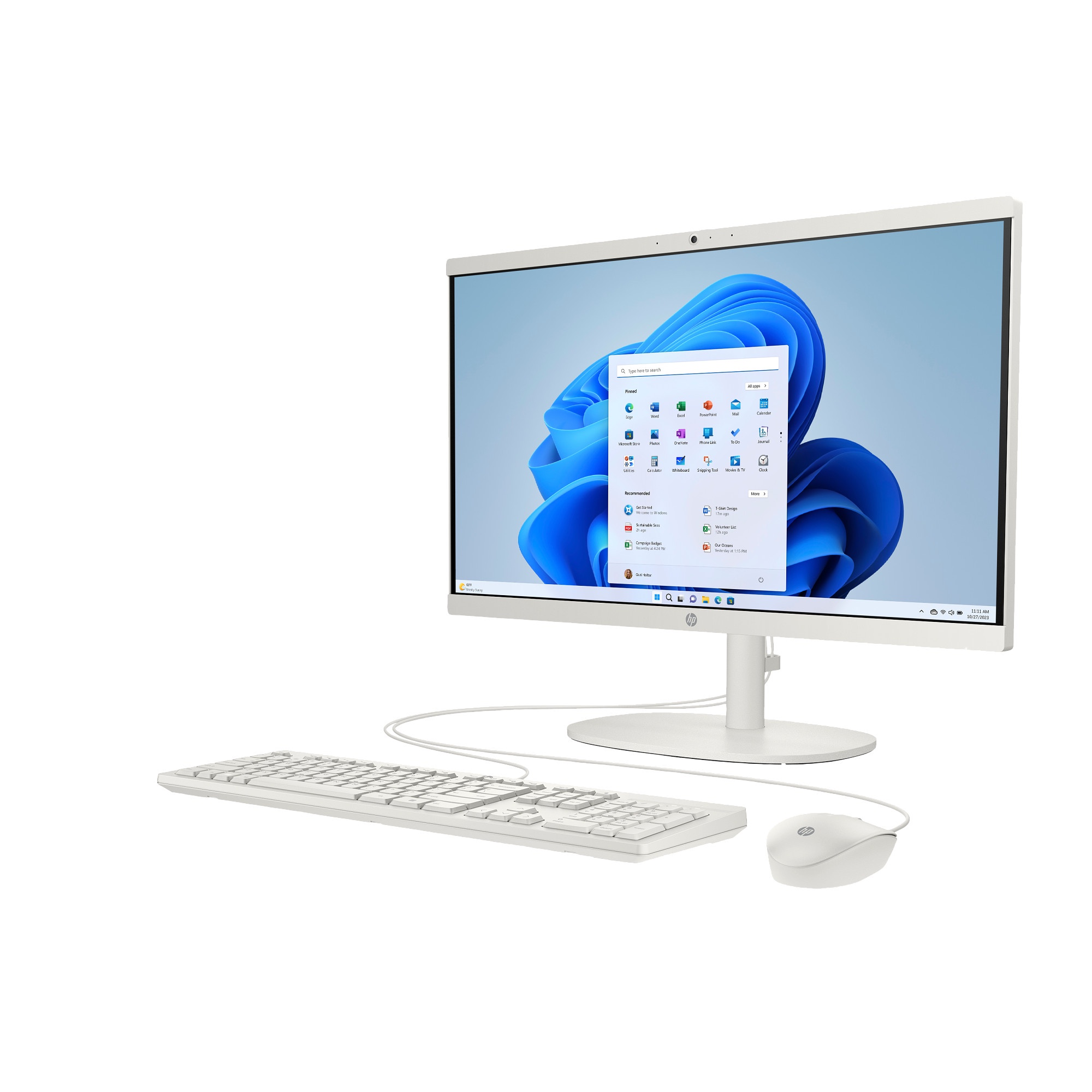 Un ordenador de sobremesa todo en uno blanco con teclado y ratón sobre fondo blanco.