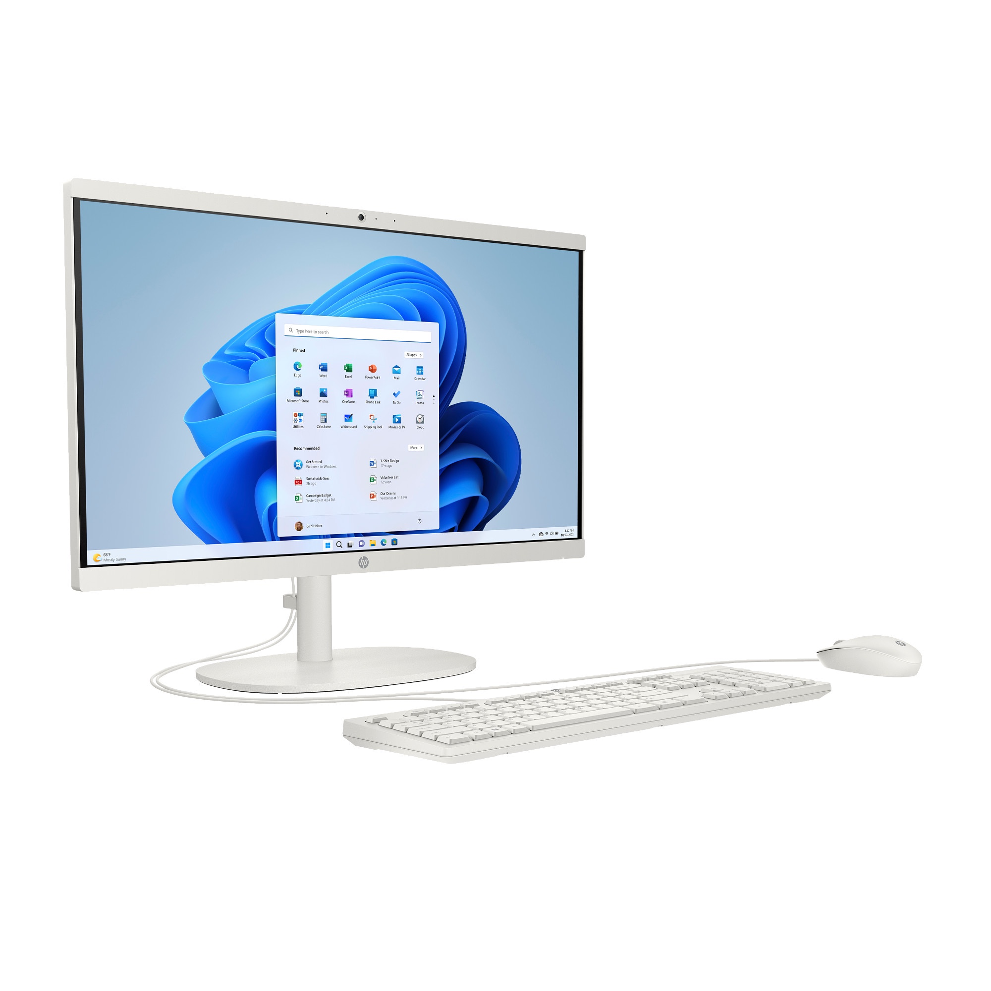 Un PC de escritorio todo en uno blanco con teclado y ratón blancos conectados sobre fondo blanco.