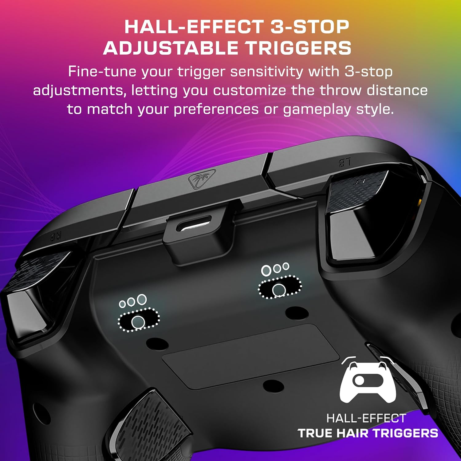 Nahaufnahme der Hall-Effect 3-Stop anpassbaren Trigger eines schwarzen Gamepads mit Erklärtext.