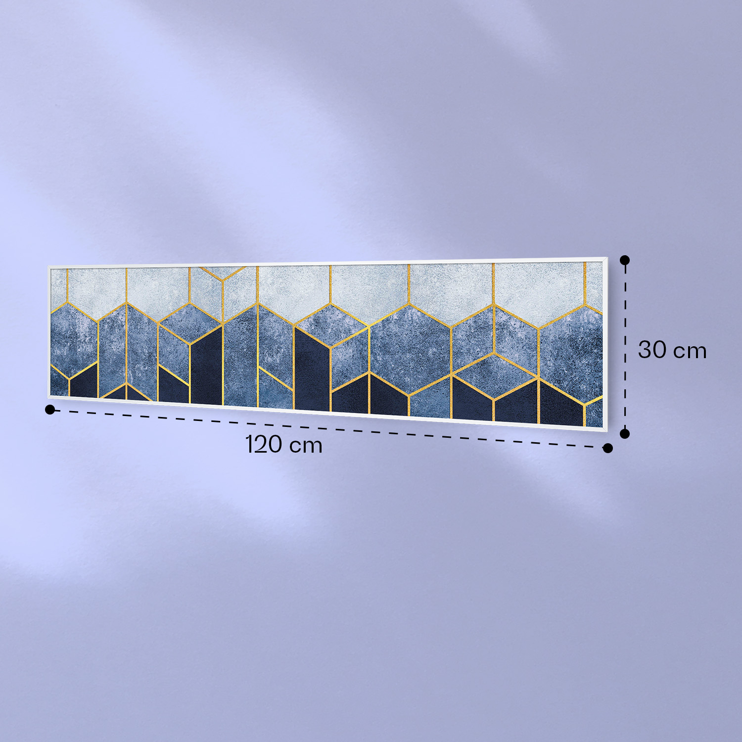 Decorazione murale rettangolare con motivi esagonali blu e grigi, linee dorate, dimensioni 120 cm per 30 cm.