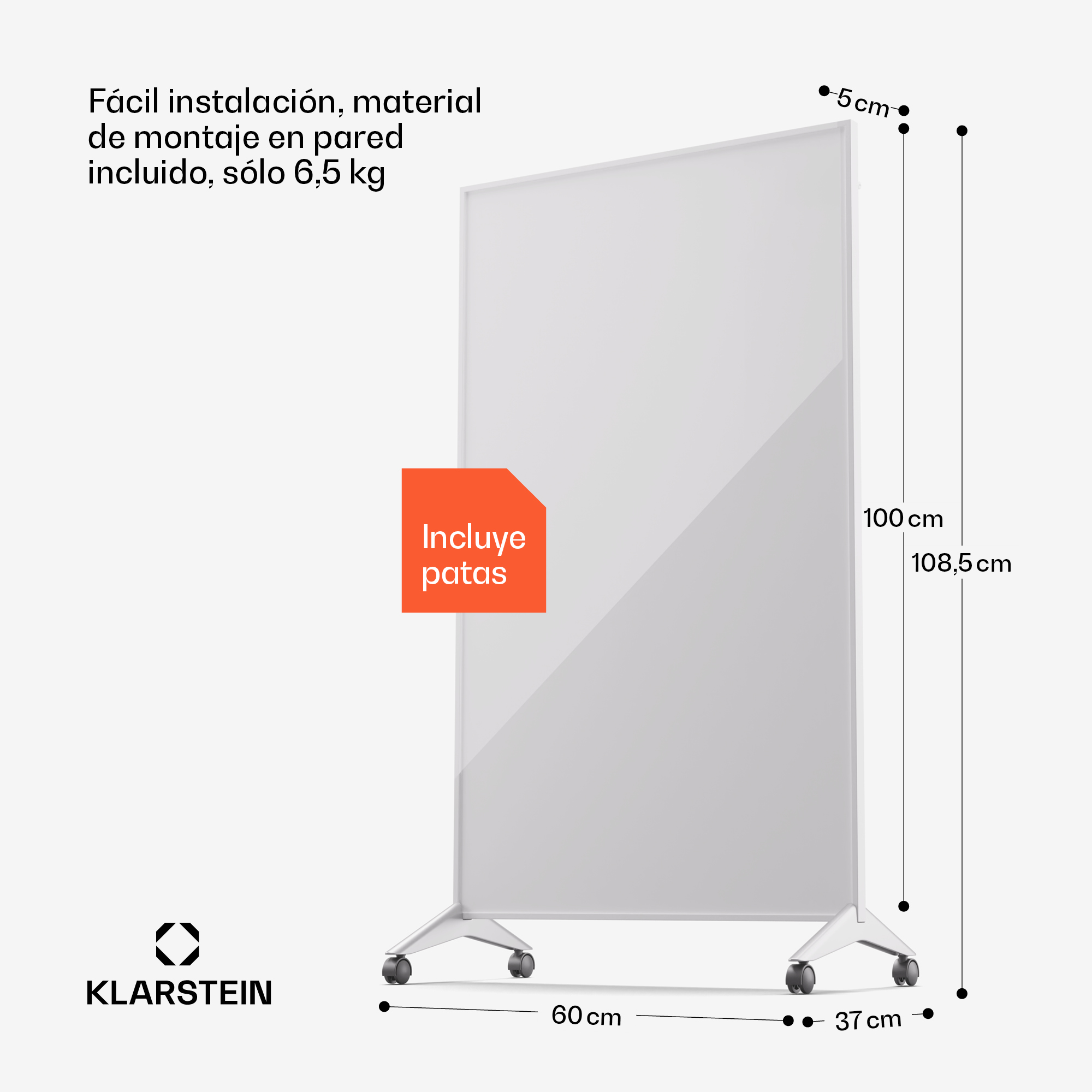 Klarstein Standheizung mit Maßen, Rollen und orangefarbenem Hinweis zu mitgelieferten Standfüßen auf weißem Grund.
