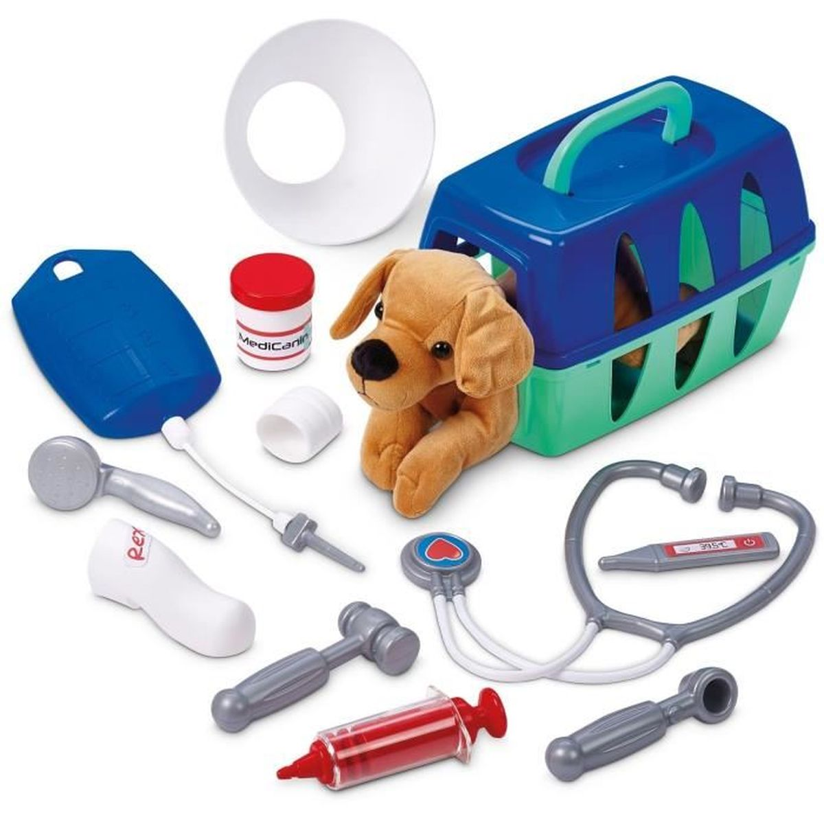 Spielset für Tierärzte mit Plüschhund, Transportbox und medizinischem Zubehör auf weißem Hintergrund.