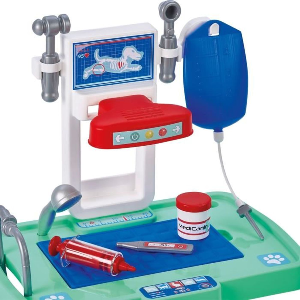Ein buntes Tierarzt-Spielset aus Kunststoff mit Röntgengerät, Spritze, Thermometer und Infusionsbeutel.