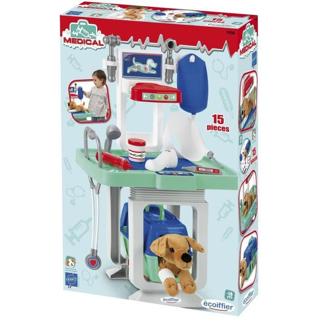 Spielzeug-Arztstation für Haustiere mit Plüschhund, Spritze und Zubehör in bunter Verpackung.