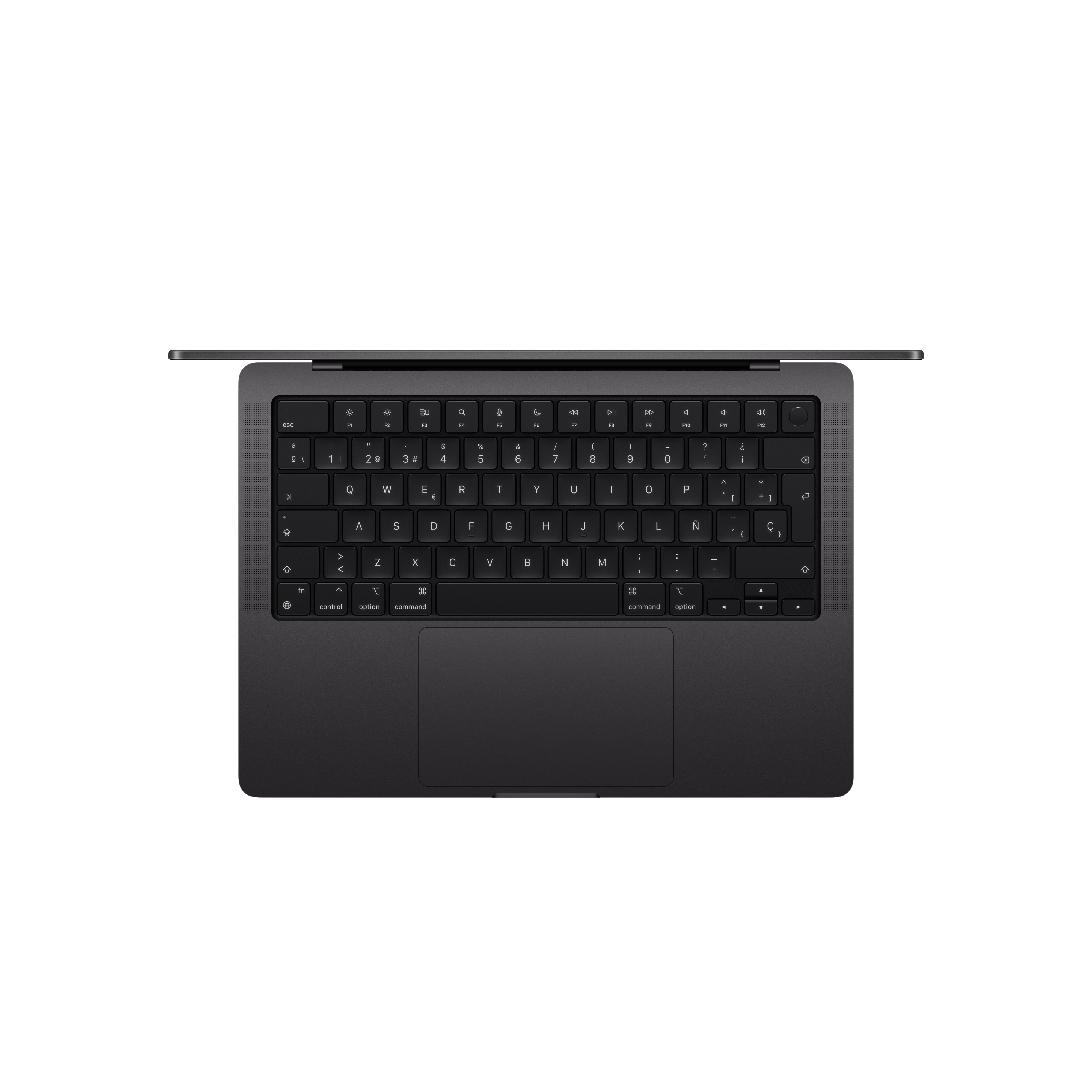 Vista superior de un teclado de laptop oscuro con un panel táctil integrado sobre fondo claro.