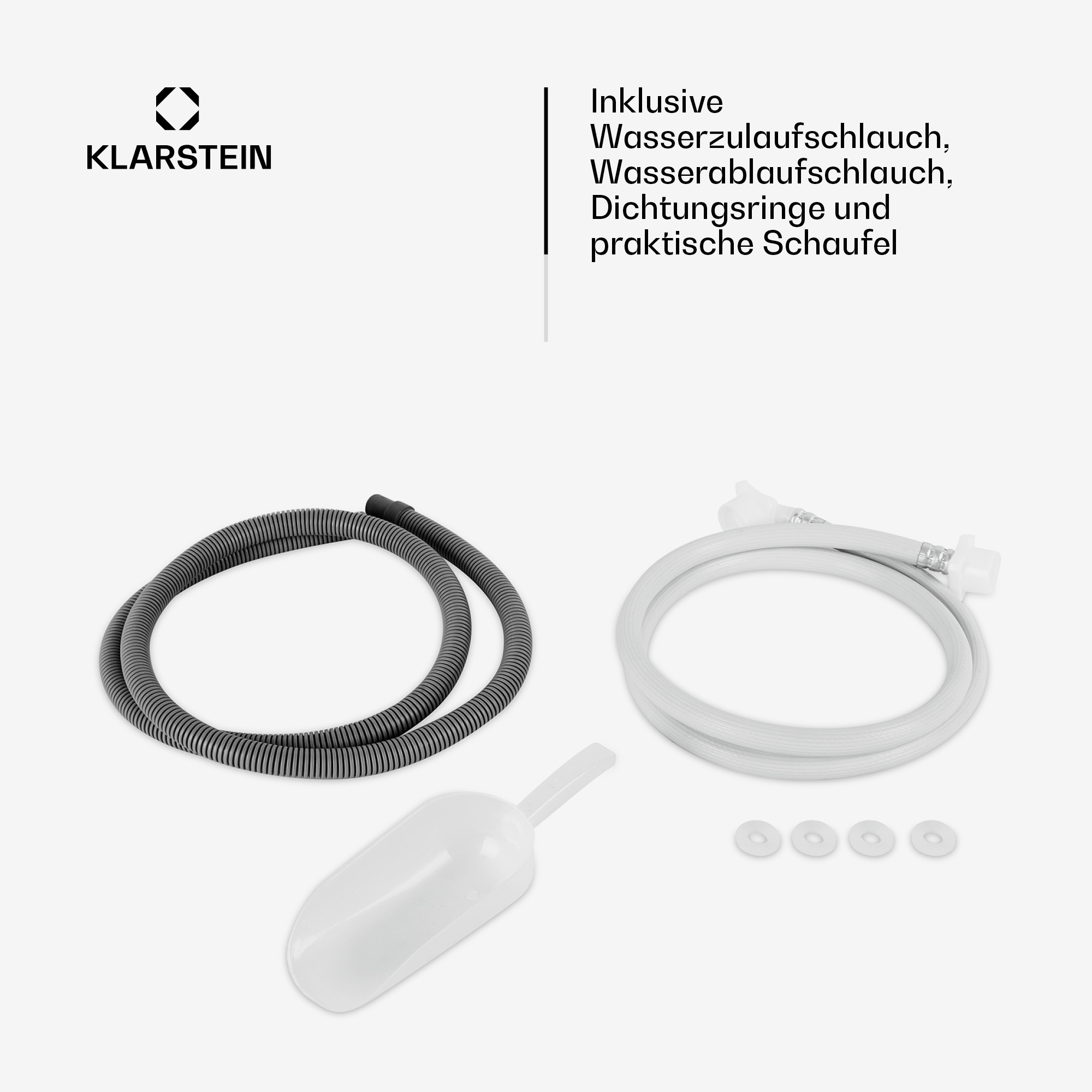 Klarstein Zubehör: Grauer und weißer Schlauch, Schaufel und vier Dichtungsringe auf weißem Grund.