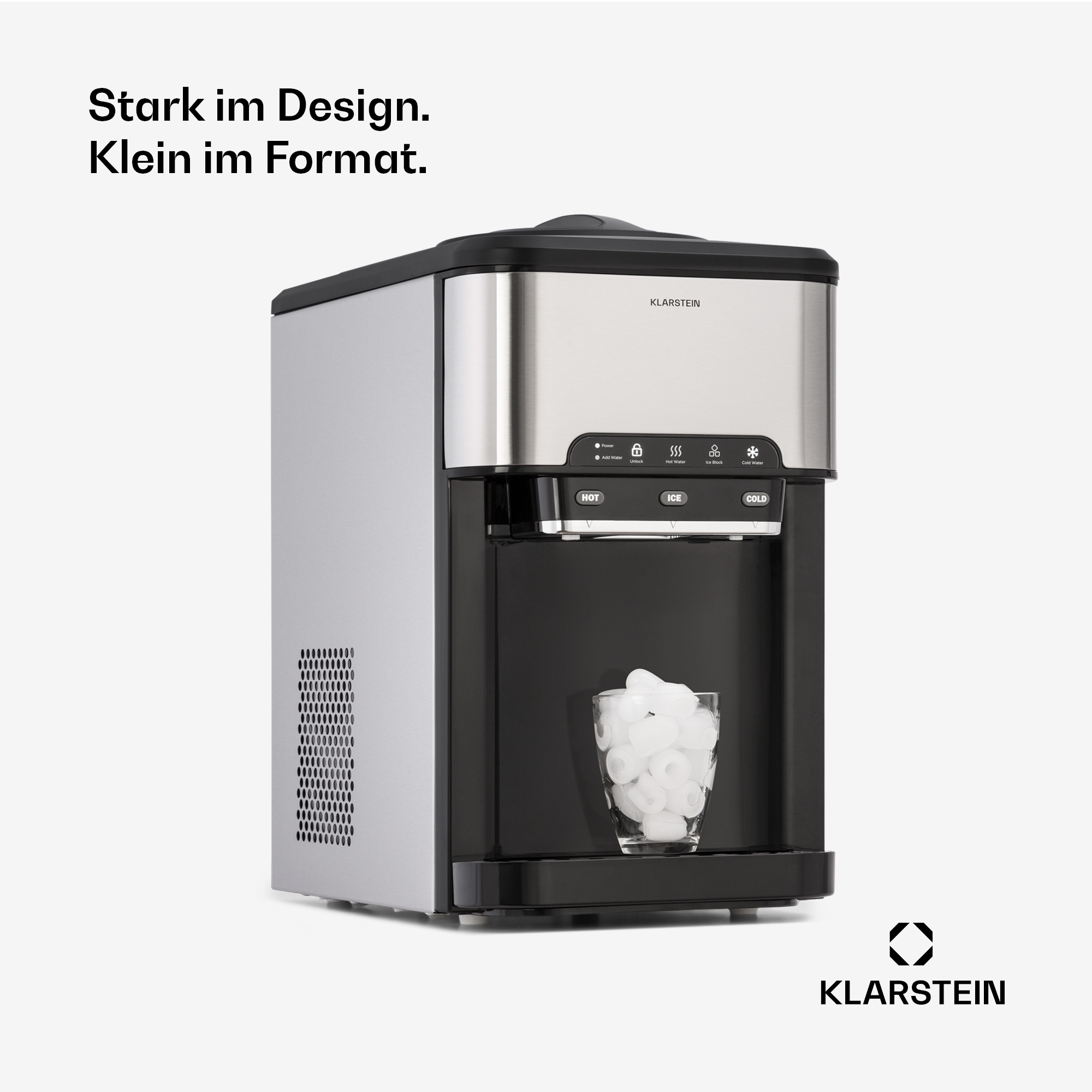 Ein silber-schwarzer Klarstein Eis- und Wasserspender mit einem Glas Eiswürfeln darunter vor weißem Hintergrund.