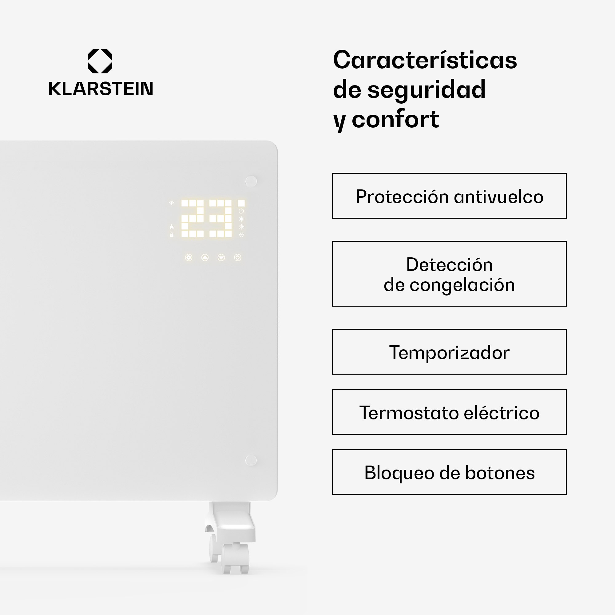 Klarstein Heizgerät mit digitaler Anzeige und Sicherheitsfunktionen auf weißem Hintergrund.
